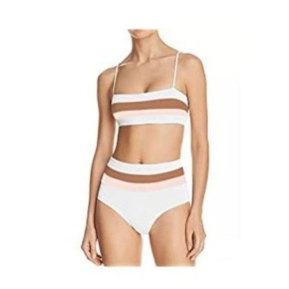 White Removable Strap Pink Brown Stripe High Waist Bikini Set - Picture 1 of 5